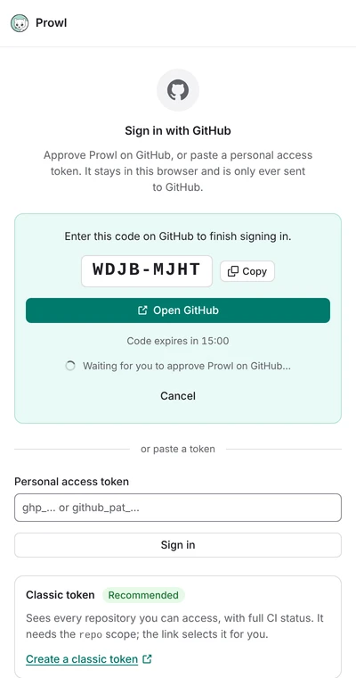 The side panel showing a one-time code, a button to open GitHub and a countdown