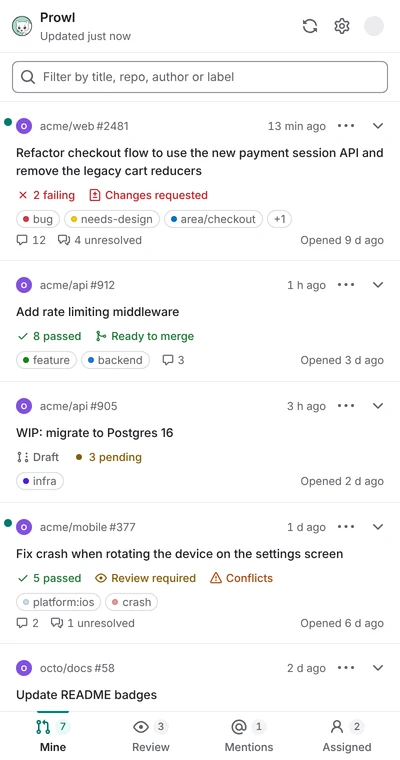 The Prowl side panel listing pull requests with their CI, review and merge status.