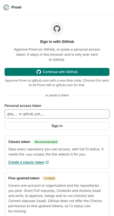 Prowl's sign-in screen with the Continue with GitHub button and the token field